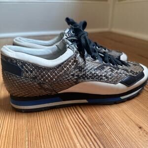Lanvin brown snakeskin white blue accent leather sneakers SIZE 36/5.5,‎ 6